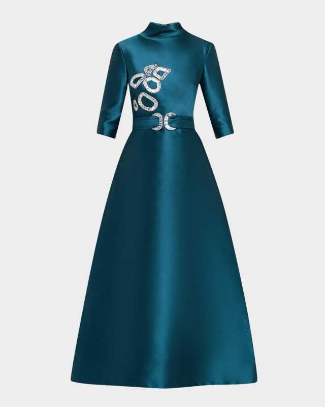 Crystal Mikado Silk 3/4-Sleeve Gown